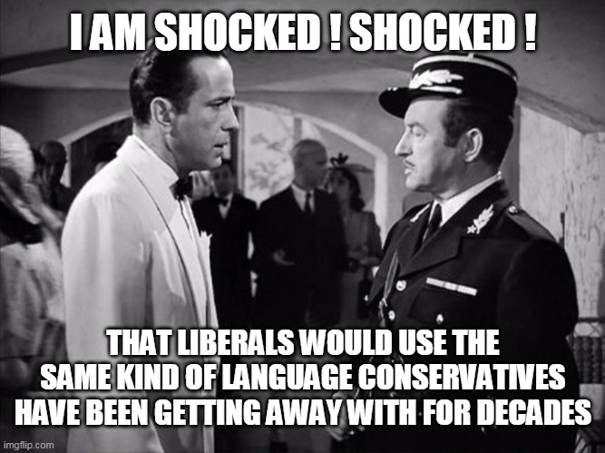 I AM SHOCKED ! SHOCKED ! THAT LIBERALS WOULD USE THE SAME KIND OF LANGUAGE CONSERVATIVES HAVE BEEN GETTING AWAY WITH FOR DECADES | image tagged in conservatives | made w/ Imgflip meme maker