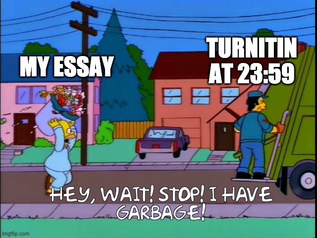 uni life | MY ESSAY; TURNITIN AT 23:59 | image tagged in hey wait stop i have garbage | made w/ Imgflip meme maker