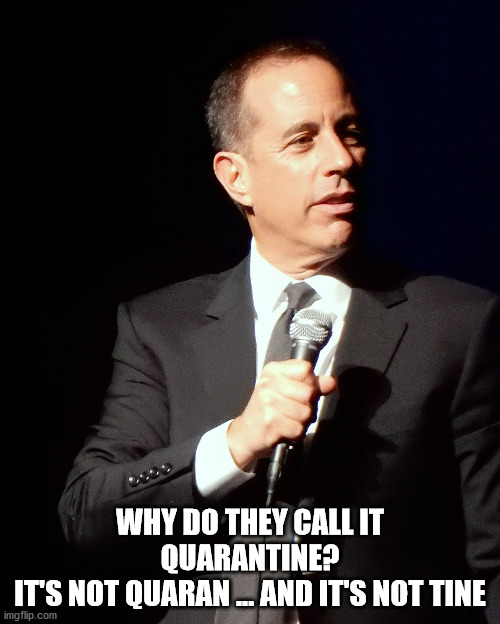 Seinfeld | WHY DO THEY CALL IT QUARANTINE?
IT'S NOT QUARAN ... AND IT'S NOT TINE | image tagged in seinfeld | made w/ Imgflip meme maker