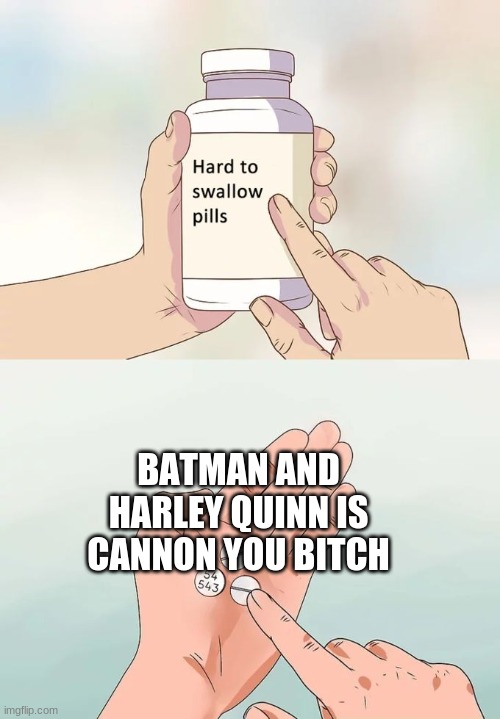batman and harley quinn | BATMAN AND HARLEY QUINN IS CANNON YOU BITCH | image tagged in memes,hard to swallow pills | made w/ Imgflip meme maker