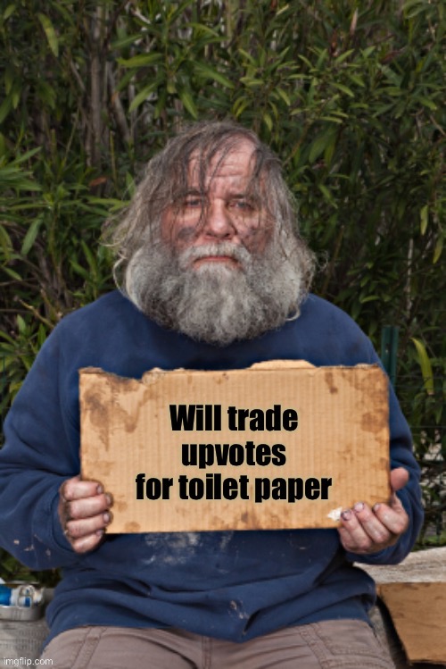 How begging changes in 2020 | image tagged in upvotes,begging,toilet paper,homeless man | made w/ Imgflip meme maker