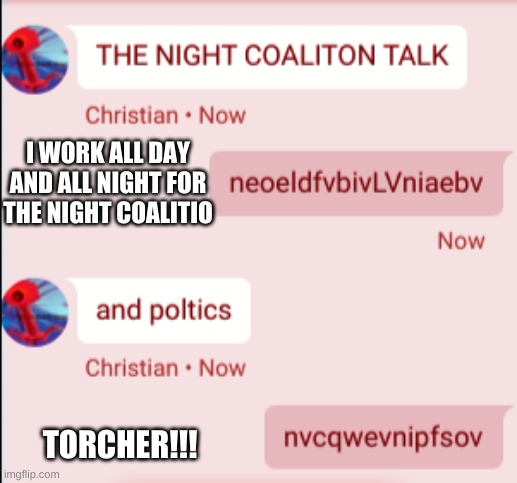 HELP | I WORK ALL DAY AND ALL NIGHT FOR THE NIGHT COALITIO; TORCHER!!! | image tagged in work | made w/ Imgflip meme maker