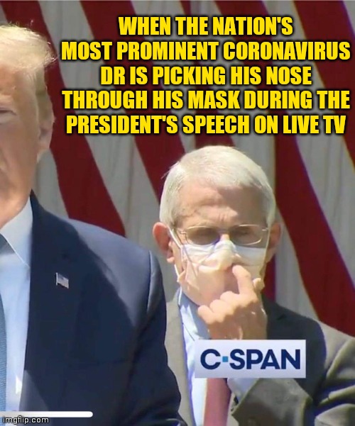 Dr. Fauci | WHEN THE NATION'S MOST PROMINENT CORONAVIRUS DR IS PICKING HIS NOSE THROUGH HIS MASK DURING THE PRESIDENT'S SPEECH ON LIVE TV | image tagged in dr fauci | made w/ Imgflip meme maker