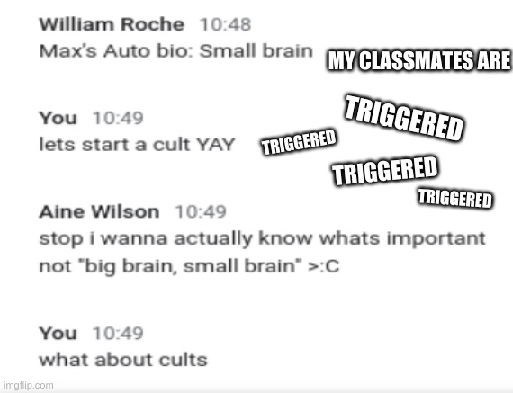 Chat | MY CLASSMATES ARE; TRIGGERED; TRIGGERED; TRIGGERED; TRIGGERED | image tagged in chat | made w/ Imgflip meme maker