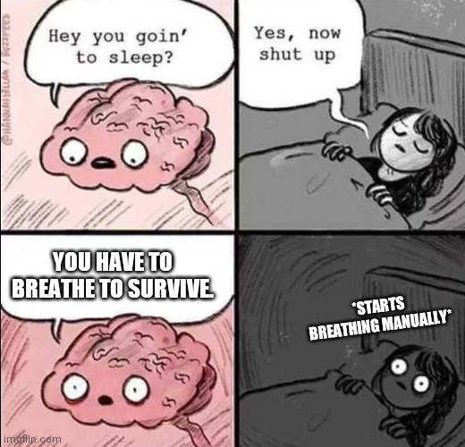 Does anyone else do this? | YOU HAVE TO BREATHE TO SURVIVE. *STARTS BREATHING MANUALLY* | image tagged in waking up brain,true,memes,funny,relatable,breathe | made w/ Imgflip meme maker
