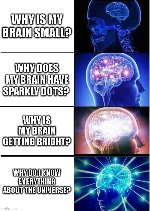 Uhhhhh | WHY IS MY BRAIN SMALL? WHY DOES MY BRAIN HAVE SPARKLY DOTS? WHY IS MY BRAIN GETTING BRIGHT? WHY DO I KNOW EVERYTHING ABOUT THE UNIVERSE? | image tagged in memes,expanding brain | made w/ Imgflip meme maker