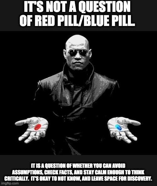 It's not a question of red pill/blue pill... | IT'S NOT A QUESTION OF RED PILL/BLUE PILL. IT IS A QUESTION OF WHETHER YOU CAN AVOID ASSUMPTIONS, CHECK FACTS, AND STAY CALM ENOUGH TO THINK CRITICALLY.  IT'S OKAY TO NOT KNOW, AND LEAVE SPACE FOR DISCOVERY. | image tagged in matrix morpheus offer | made w/ Imgflip meme maker