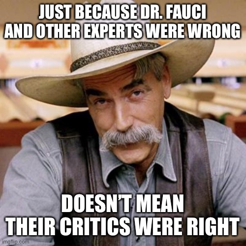 Basic point. Naysayers don’t get a free pass just because they harped from the sidelines all along. | JUST BECAUSE DR. FAUCI AND OTHER EXPERTS WERE WRONG; DOESN’T MEAN THEIR CRITICS WERE RIGHT | image tagged in sarcasm cowboy,skeptical,expert,covid-19,coronavirus,trump administration | made w/ Imgflip meme maker