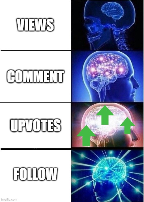 Expanding Brain | VIEWS; COMMENT; UPVOTES; FOLLOW | image tagged in memes,expanding brain | made w/ Imgflip meme maker