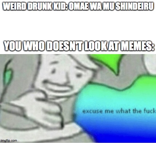 Excuse me wtf blank template | WEIRD DRUNK KID: OMAE WA MU SHINDEIRU; YOU WHO DOESN'T LOOK AT MEMES: | image tagged in excuse me wtf blank template | made w/ Imgflip meme maker