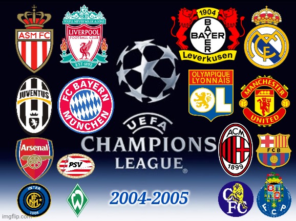 All 16 UEFA Champions League 2004-2005 knockout stage teams (won by FC Liverpool) | 2004-2005 | image tagged in memes,football,soccer,champions league | made w/ Imgflip meme maker