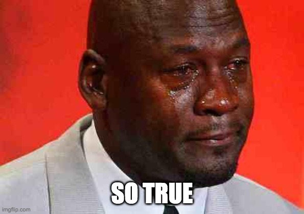crying michael jordan | SO TRUE | image tagged in crying michael jordan | made w/ Imgflip meme maker