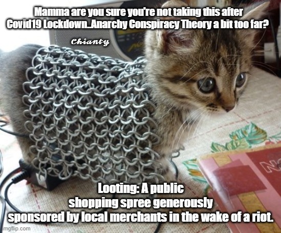 After | Mamma are you sure you're not taking this after Covid19 Lockdown..Anarchy Conspiracy Theory a bit too far? 𝓒𝓱𝓲𝓪𝓷𝓽𝔂; Looting: A public shopping spree generously sponsored by local merchants in the wake of a riot. | image tagged in anarchy | made w/ Imgflip meme maker