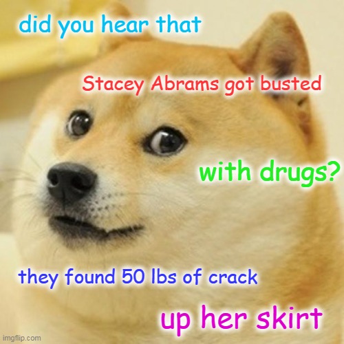 Doge Meme | did you hear that Stacey Abrams got busted with drugs? they found 50 lbs of crack up her skirt | image tagged in memes,doge | made w/ Imgflip meme maker
