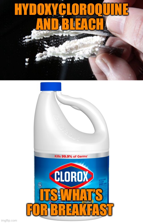 Presidential breakfast | HYDOXYCLOROQUINE AND BLEACH; ITS WHAT’S FOR BREAKFAST | image tagged in donald trump,drink bleach,orange,ignorance | made w/ Imgflip meme maker