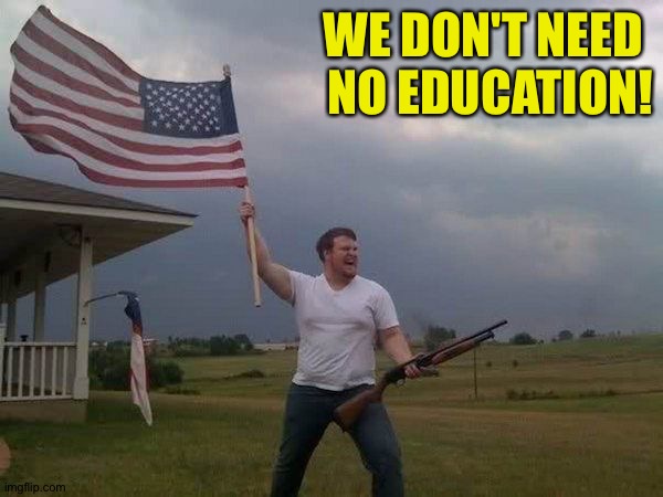 American flag shotgun guy | WE DON'T NEED 
NO EDUCATION! | image tagged in american flag shotgun guy | made w/ Imgflip meme maker