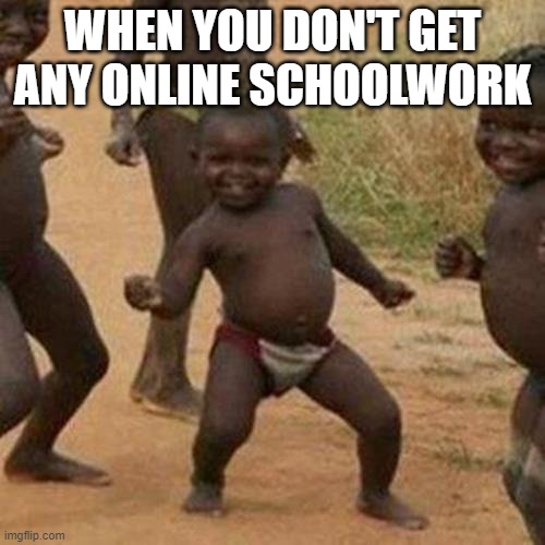Third World Success Kid | WHEN YOU DON'T GET ANY ONLINE SCHOOLWORK | image tagged in memes,third world success kid | made w/ Imgflip meme maker