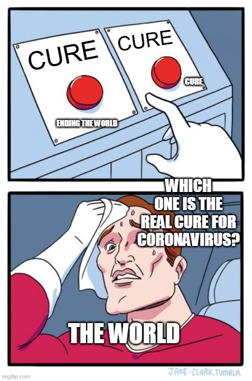 Which one? | CURE; CURE; CURE; ENDING THE WORLD; WHICH ONE IS THE REAL CURE FOR CORONAVIRUS? THE WORLD | image tagged in memes,two buttons | made w/ Imgflip meme maker
