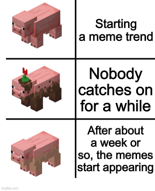 Pig, Muddy Pig, and Dirty Pig | Starting a meme trend; Nobody catches on for a while; After about a week or so, the memes start appearing | image tagged in pig muddy pig and dirty pig | made w/ Imgflip meme maker