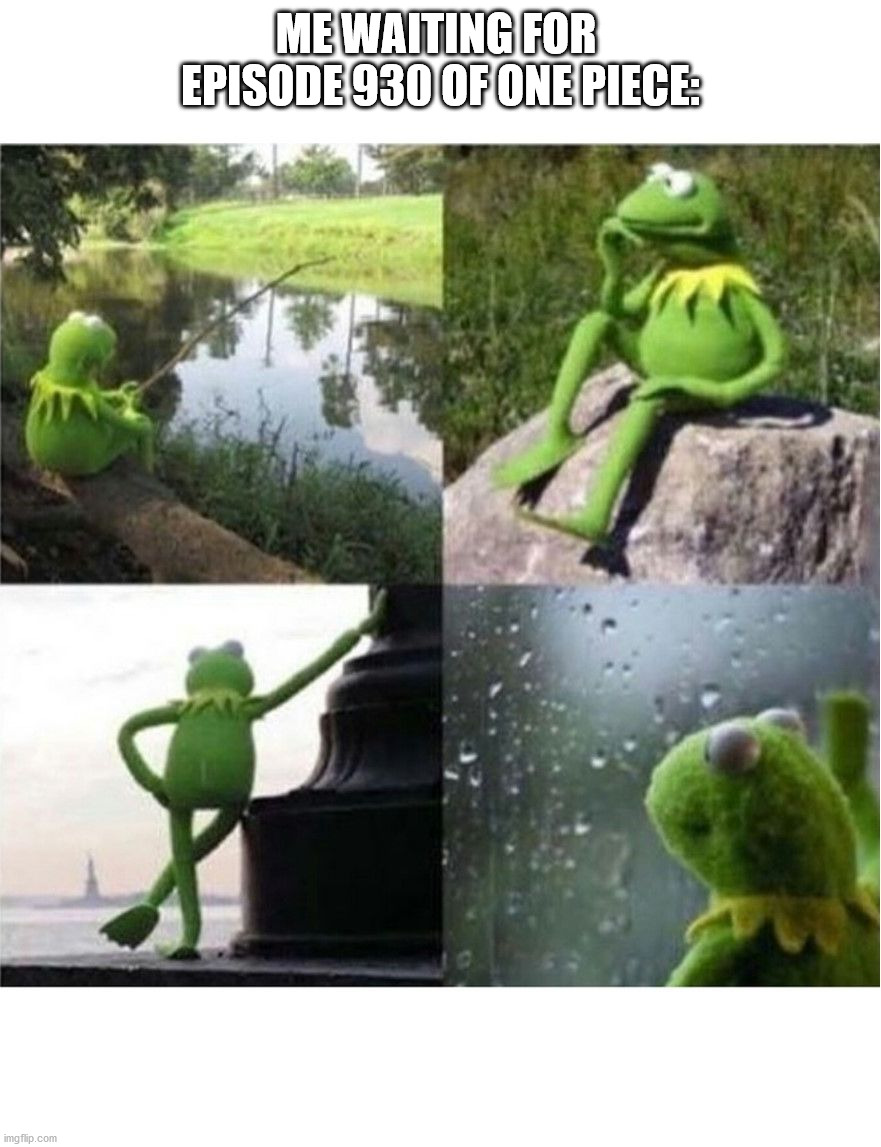 Waiting for episode of One Piece | ME WAITING FOR 
EPISODE 930 OF ONE PIECE: | image tagged in blank kermit waiting | made w/ Imgflip meme maker