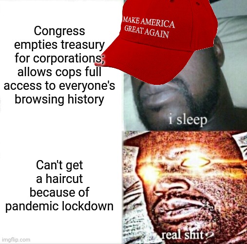 MAGA makes no sense | Congress empties treasury for corporations; allows cops full access to everyone's browsing history; Can't get a haircut because of pandemic lockdown | image tagged in politics,maga,bill of rights | made w/ Imgflip meme maker