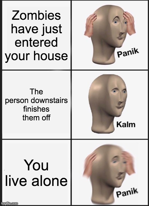 Panik Kalm Panik | Zombies have just entered your house; The person downstairs finishes them off; You live alone | image tagged in memes,panik kalm panik | made w/ Imgflip meme maker