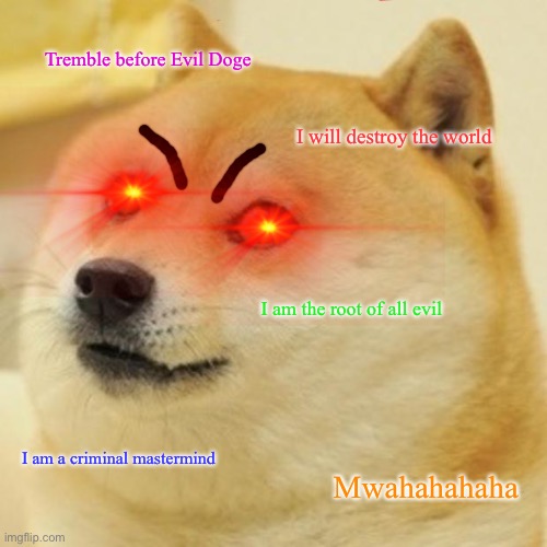 Evil Doge | Tremble before Evil Doge; I will destroy the world; I am the root of all evil; I am a criminal mastermind; Mwahahahaha | image tagged in memes,doge,evil | made w/ Imgflip meme maker