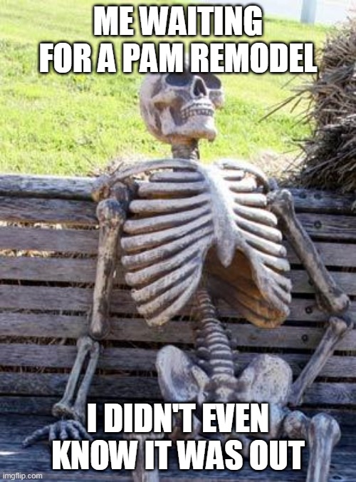 Waiting Skeleton | ME WAITING FOR A PAM REMODEL; I DIDN'T EVEN KNOW IT WAS OUT | image tagged in memes,waiting skeleton | made w/ Imgflip meme maker