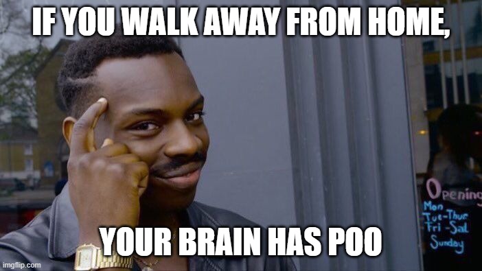 When you away from home. | IF YOU WALK AWAY FROM HOME, YOUR BRAIN HAS POO | image tagged in memes,roll safe think about it | made w/ Imgflip meme maker