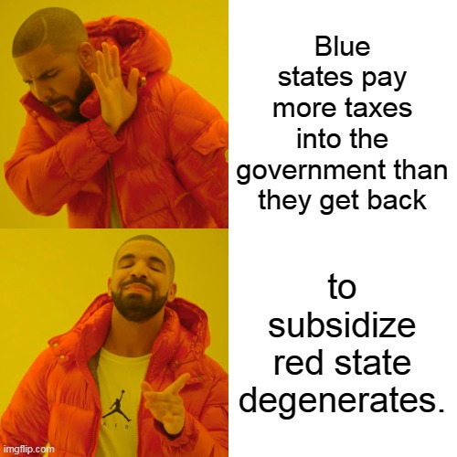 Drake Hotline Bling Meme | Blue states pay more taxes into the government than they get back to subsidize red state degenerates. | image tagged in memes,drake hotline bling | made w/ Imgflip meme maker