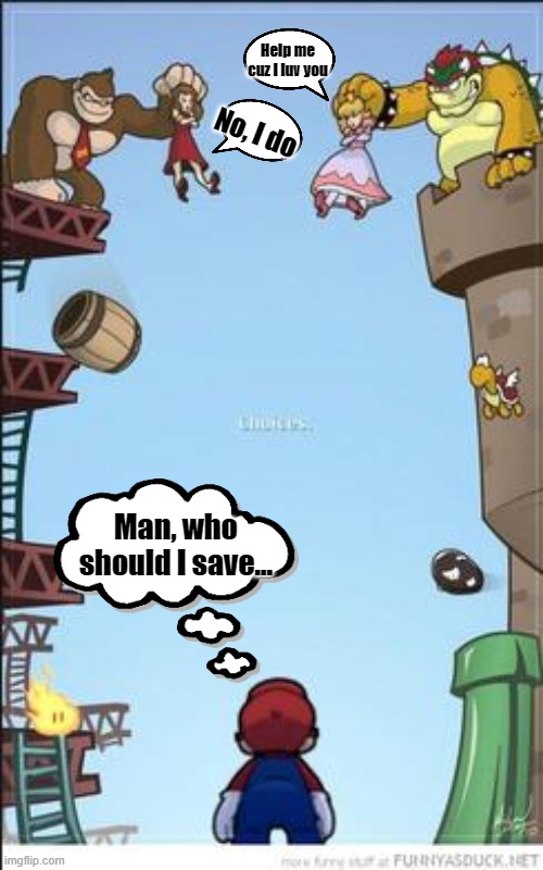Who should I save.. | Help me cuz I luv you; No, I do; Man, who should I save... | image tagged in mario dk and bowser | made w/ Imgflip meme maker