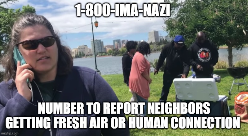 Report Nazi | 1-800-IMA-NAZI; NUMBER TO REPORT NEIGHBORS GETTING FRESH AIR OR HUMAN CONNECTION | image tagged in covid19,report,nazi | made w/ Imgflip meme maker