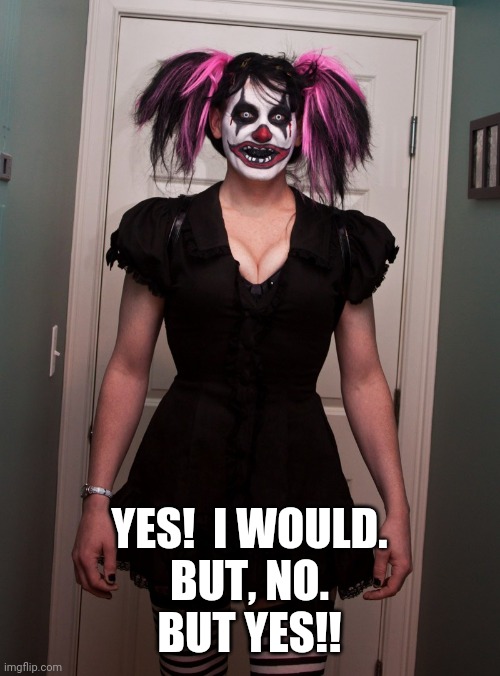 CLOWN LIVES MATTER: EVIL CLOWNS NEED LOVE - CLOWN FACE | YES!  I WOULD.
BUT, NO.
BUT YES!! | image tagged in clown lives matter evil clowns need love - clown face | made w/ Imgflip meme maker