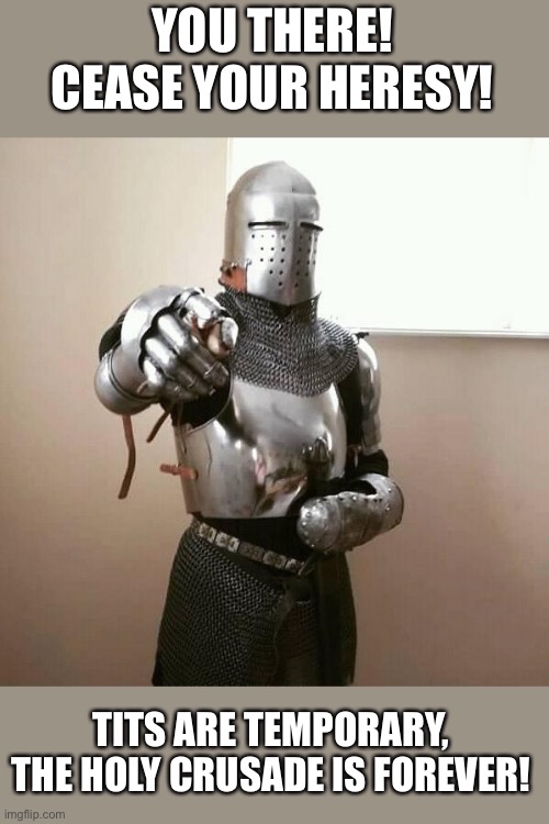 Motivational Knight | YOU THERE! CEASE YOUR HERESY! TITS ARE TEMPORARY, THE HOLY CRUSADE IS FOREVER! | image tagged in motivational knight | made w/ Imgflip meme maker