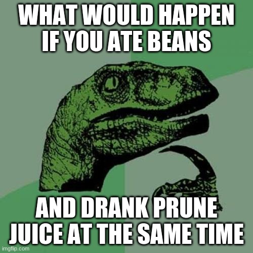 Philosoraptor | WHAT WOULD HAPPEN IF YOU ATE BEANS; AND DRANK PRUNE JUICE AT THE SAME TIME | image tagged in memes,philosoraptor | made w/ Imgflip meme maker