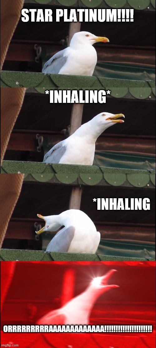 Inhaling Seagull | STAR PLATINUM!!!! *INHALING*; *INHALING; ORRRRRRRRRAAAAAAAAAAAAA!!!!!!!!!!!!!!!!!!!!! | image tagged in memes,inhaling seagull | made w/ Imgflip meme maker