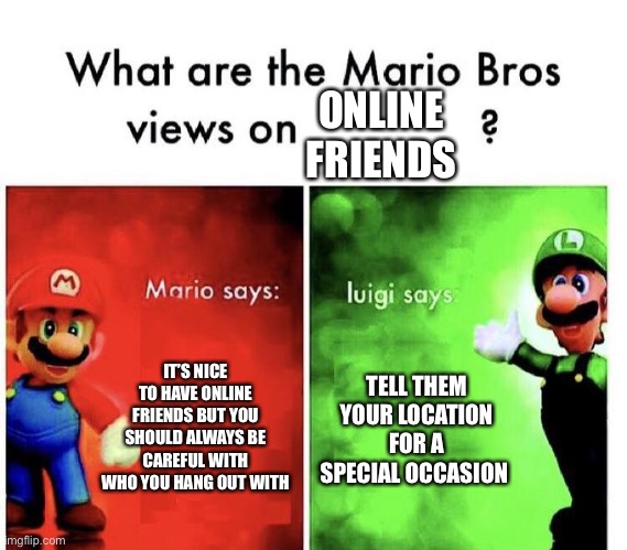 The Bros views | ONLINE FRIENDS; IT’S NICE TO HAVE ONLINE FRIENDS BUT YOU SHOULD ALWAYS BE CAREFUL WITH WHO YOU HANG OUT WITH; TELL THEM YOUR LOCATION FOR A SPECIAL OCCASION | image tagged in mario bros views,online | made w/ Imgflip meme maker