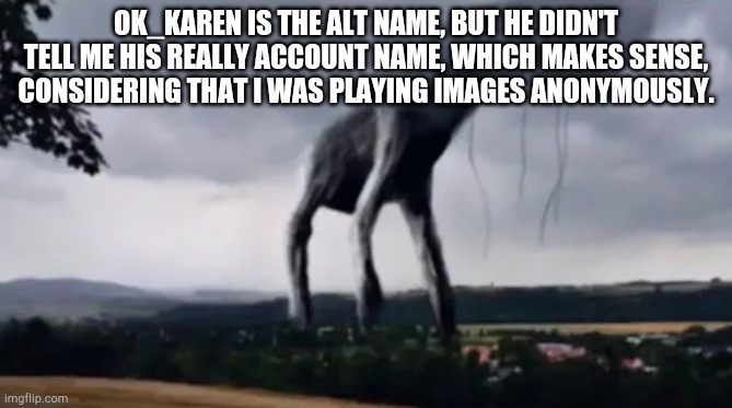 Day 17 | OK_KAREN IS THE ALT NAME, BUT HE DIDN'T TELL ME HIS REALLY ACCOUNT NAME, WHICH MAKES SENSE, CONSIDERING THAT I WAS PLAYING IMAGES ANONYMOUSLY. | image tagged in day 17 | made w/ Imgflip meme maker