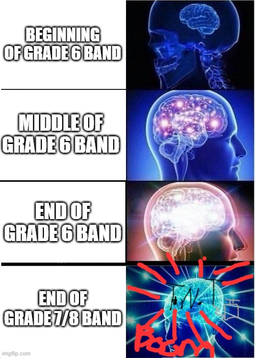 Expanding Brain Meme | BEGINNING OF GRADE 6 BAND; MIDDLE OF GRADE 6 BAND; END OF GRADE 6 BAND; END OF GRADE 7/8 BAND | image tagged in memes,expanding brain | made w/ Imgflip meme maker