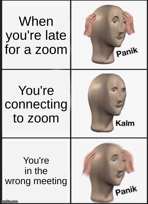Me In Zoom | When you're late for a zoom; You're connecting to zoom; You're in the wrong meeting | image tagged in memes,panik kalm panik | made w/ Imgflip meme maker