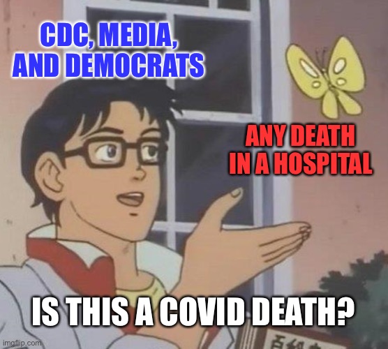 The COVID count is questionable | CDC, MEDIA, AND DEMOCRATS; ANY DEATH IN A HOSPITAL; IS THIS A COVID DEATH? | image tagged in memes,is this a pigeon,china virus,death,hospital,media | made w/ Imgflip meme maker