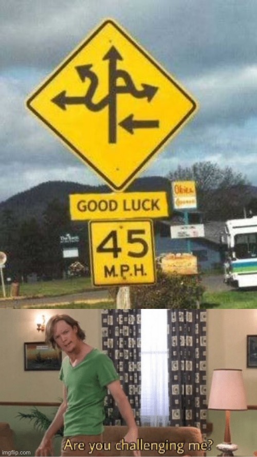 Road Sign of Confusion | image tagged in funny,memes,challenge,road signs,imgflip | made w/ Imgflip meme maker