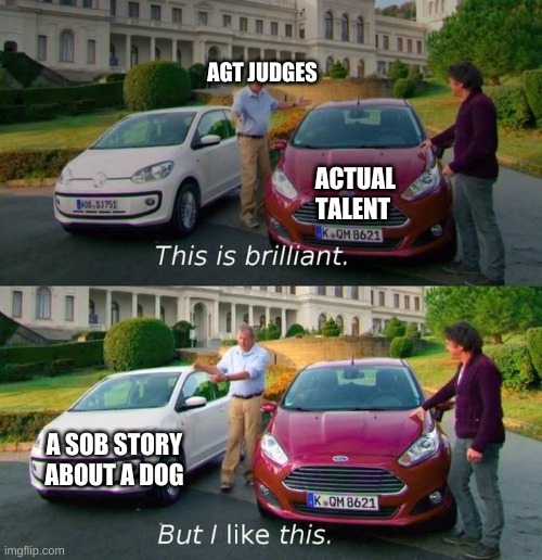 This Is Brilliant But I Like This | AGT JUDGES; ACTUAL TALENT; A SOB STORY ABOUT A DOG | image tagged in this is brilliant but i like this | made w/ Imgflip meme maker