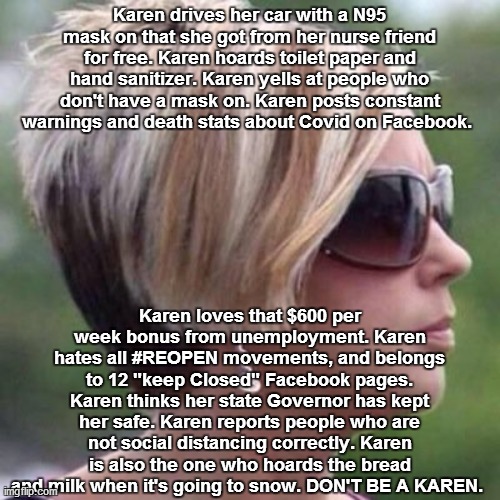 That bitch Karen | Karen drives her car with a N95 mask on that she got from her nurse friend for free. Karen hoards toilet paper and hand sanitizer. Karen yells at people who don't have a mask on. Karen posts constant warnings and death stats about Covid on Facebook. Karen loves that $600 per week bonus from unemployment. Karen hates all #REOPEN movements, and belongs to 12 "keep Closed" Facebook pages. Karen thinks her state Governor has kept her safe. Karen reports people who are not social distancing correctly. Karen is also the one who hoards the bread and milk when it's going to snow. DON'T BE A KAREN. | image tagged in karen | made w/ Imgflip meme maker