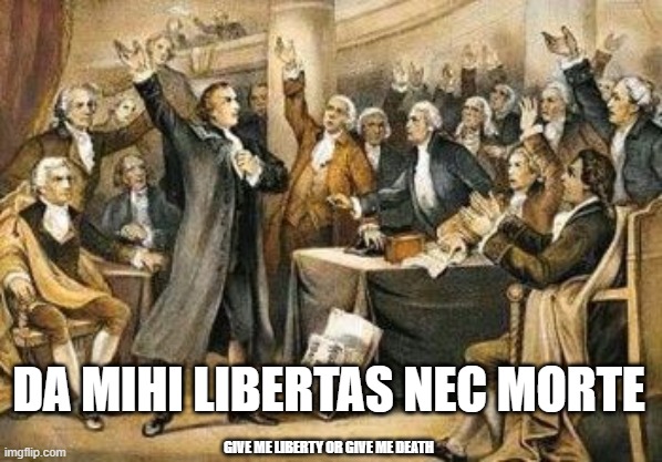 Patrick Henry Seech | DA MIHI LIBERTAS NEC MORTE GIVE ME LIBERTY OR GIVE ME DEATH | image tagged in patrick henry seech | made w/ Imgflip meme maker