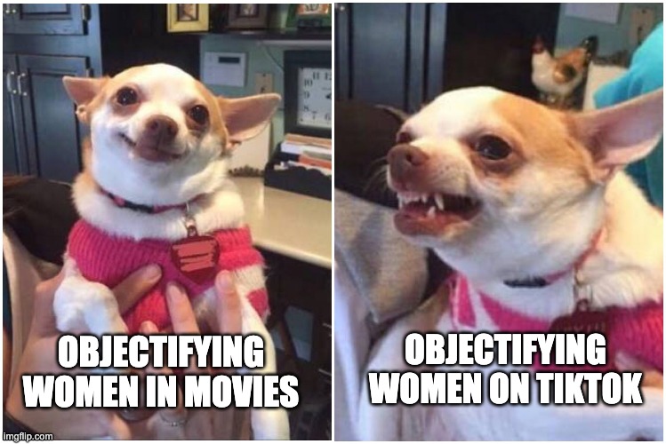 indians | OBJECTIFYING WOMEN ON TIKTOK; OBJECTIFYING WOMEN IN MOVIES | image tagged in happy chihuahua angry chihuahua,indian,tiktok | made w/ Imgflip meme maker