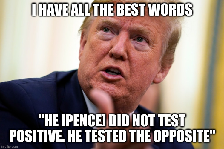 That would be negative sir, you don't have all the best words. | I HAVE ALL THE BEST WORDS; "HE [PENCE] DID NOT TEST POSITIVE. HE TESTED THE OPPOSITE" | image tagged in trump,best words,humor,pence,coronavirus | made w/ Imgflip meme maker