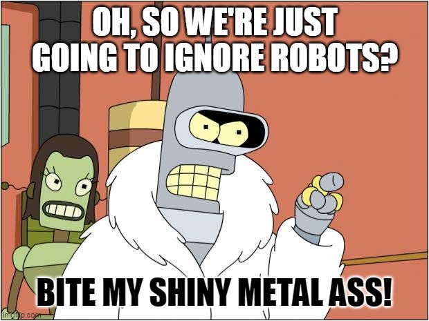 Bender Meme | OH, SO WE'RE JUST GOING TO IGNORE ROBOTS? BITE MY SHINY METAL ASS! | image tagged in memes,bender | made w/ Imgflip meme maker