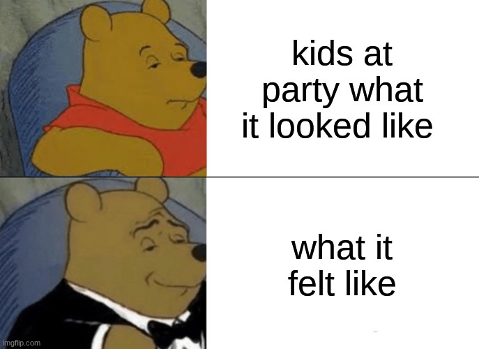 Tuxedo Winnie The Pooh Meme | kids at party what it looked like; what it felt like | image tagged in memes,tuxedo winnie the pooh | made w/ Imgflip meme maker