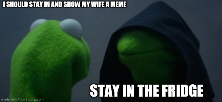 Really? | I SHOULD STAY IN AND SHOW MY WIFE A MEME; STAY IN THE FRIDGE | image tagged in memes,evil kermit | made w/ Imgflip meme maker